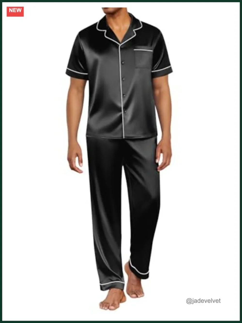 Mens Satin Pajama Set Short Sleeve Button Down Sleepwear Loungewear with Long
